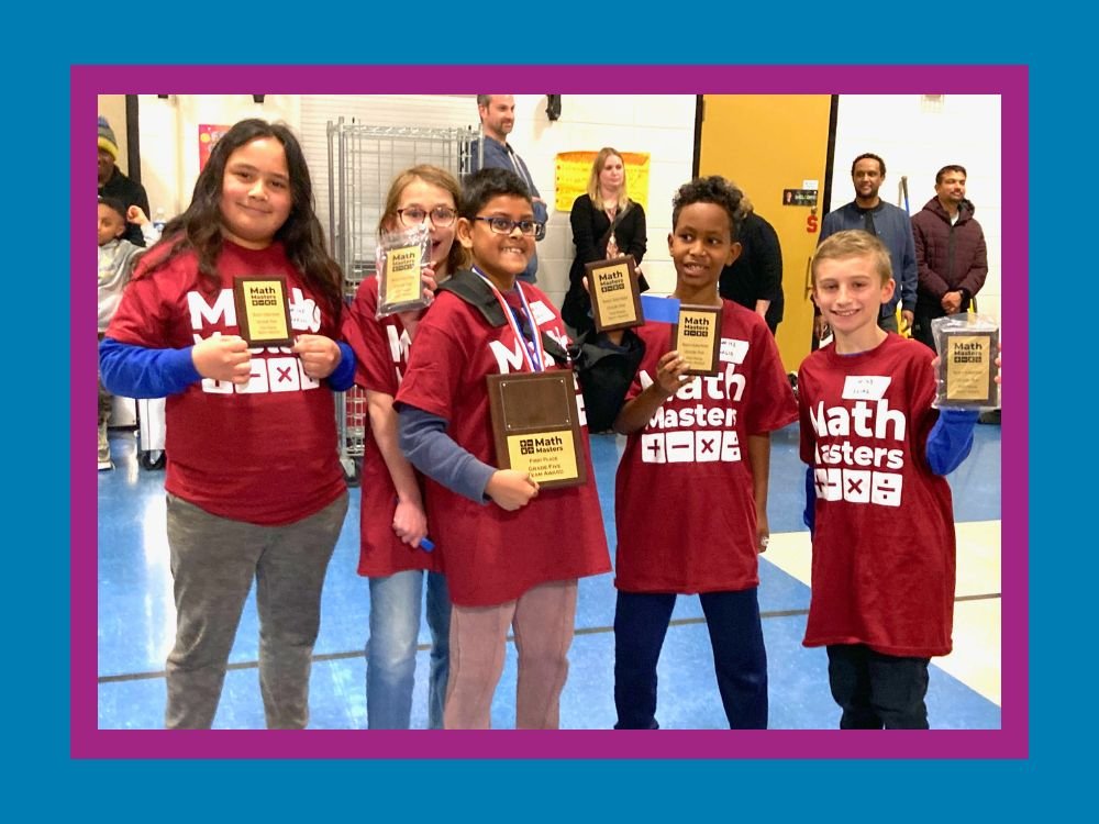 five students holding award plaques from Math Masters competition