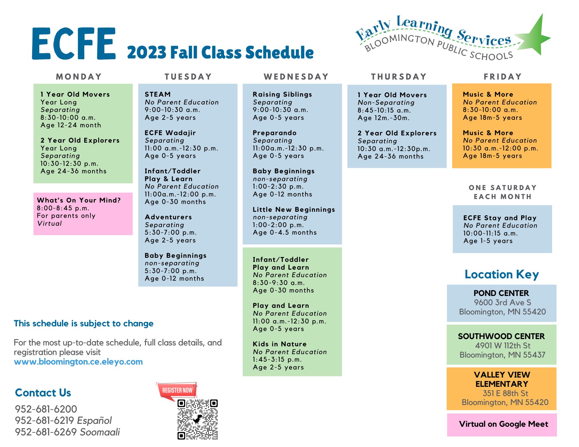 ECFE Fall 2023 Schedule Calendar