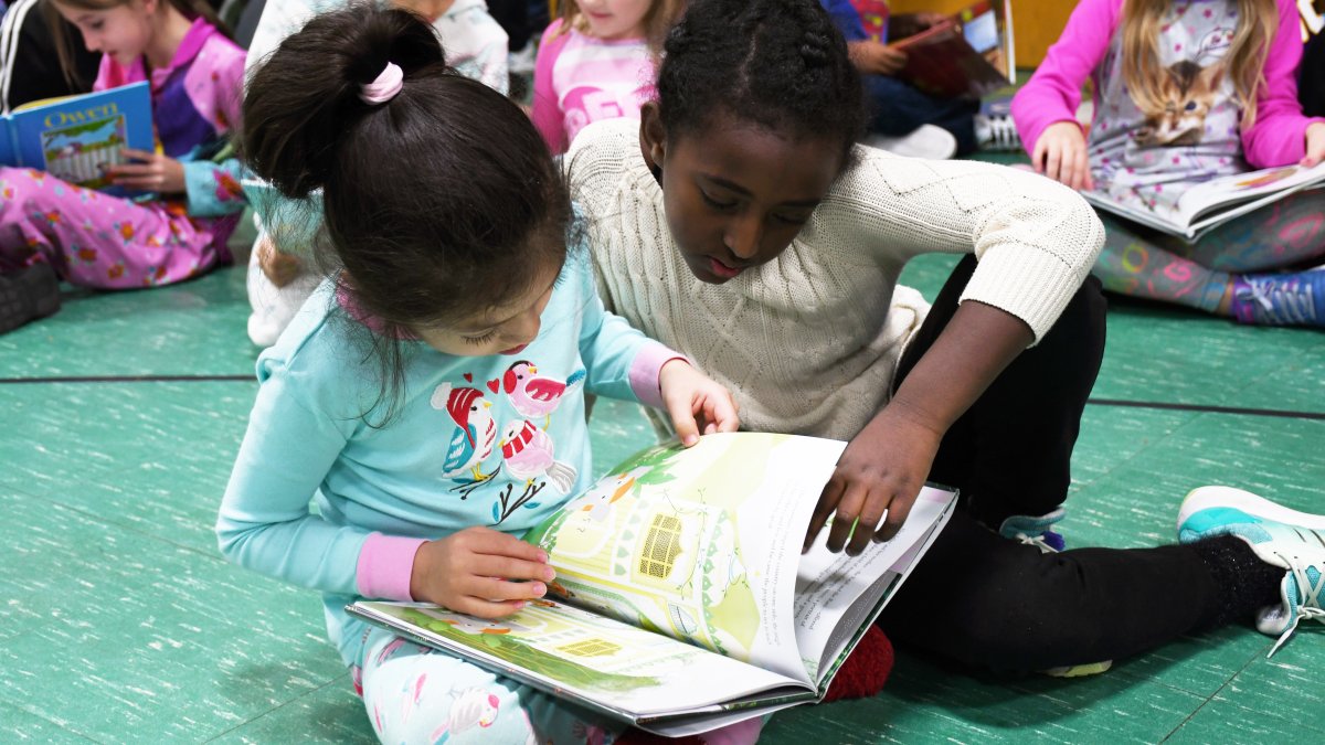 Two students read a book together