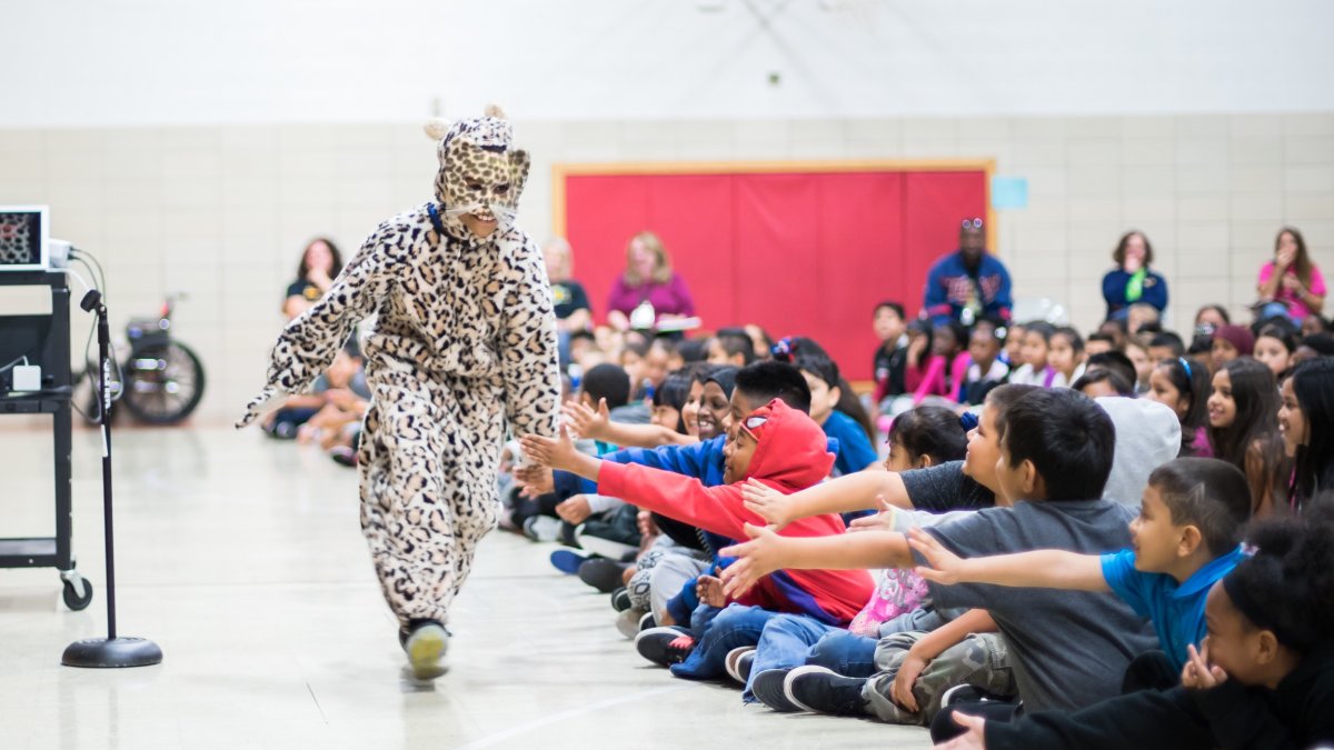 The Cheetah mascot receives high fives from students during a school rally