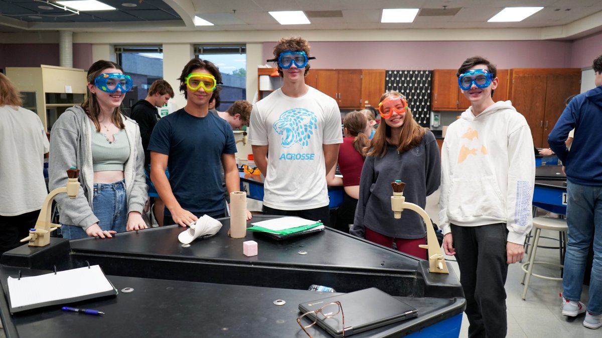 students wearing safety goggles in science lab