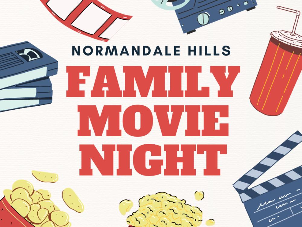 popcorn, chips, and movie reels are shown on a Family Movie Night poster