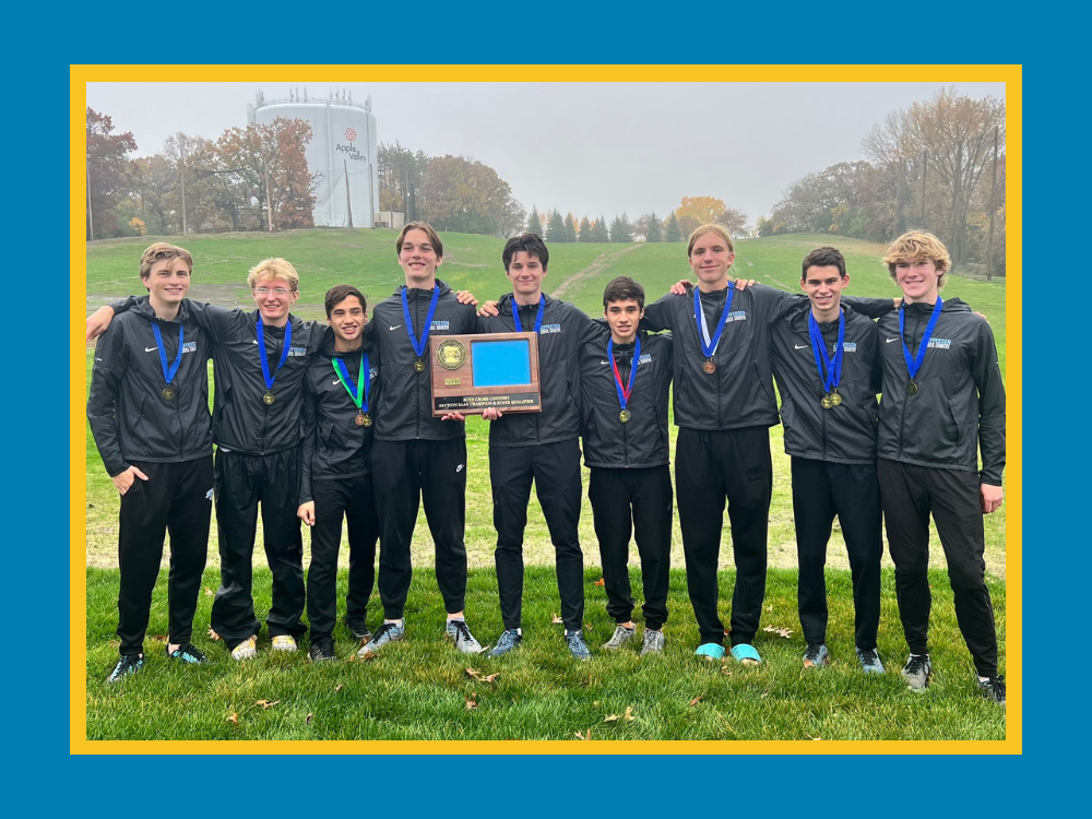 nine boys cross country athletes holding section championship plaque