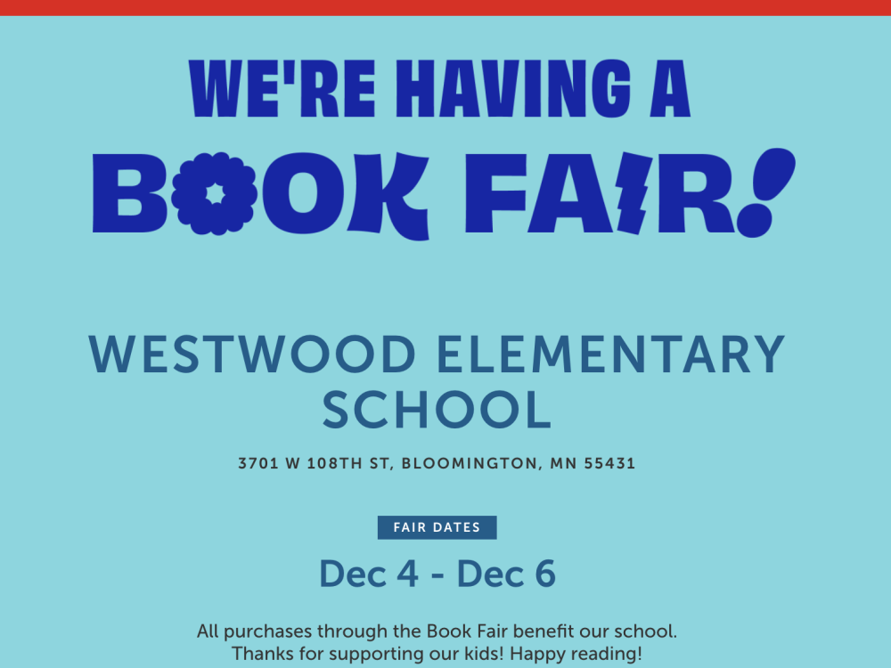 blue background, red banner that says We're Having a Book Fair at Westwood Elementary