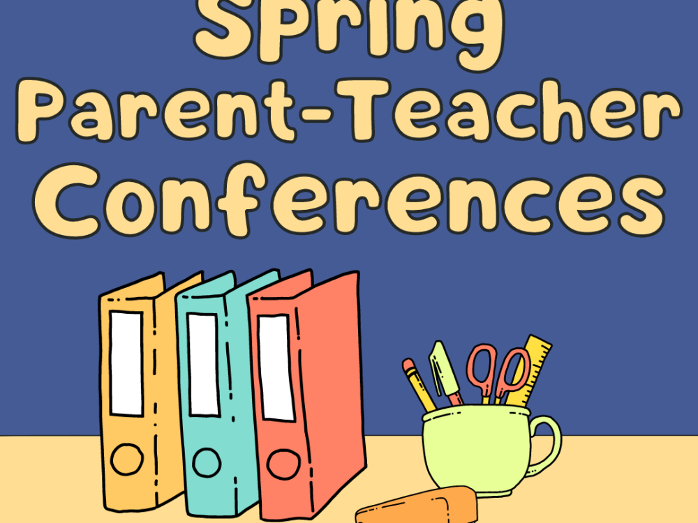 Purple background with yellow desk, binders, stapler, and a cup of writing utensils with scissors, with yellow font that reads Spring Parent-Teacher Conferences