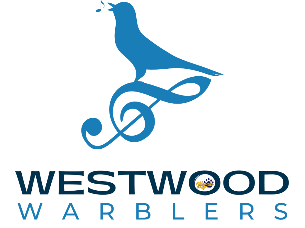 blue bird singing on a treble clef with text of Westwood Warblers