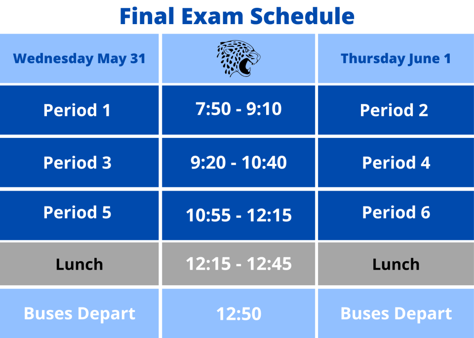 table displaying finals exam schedule times.