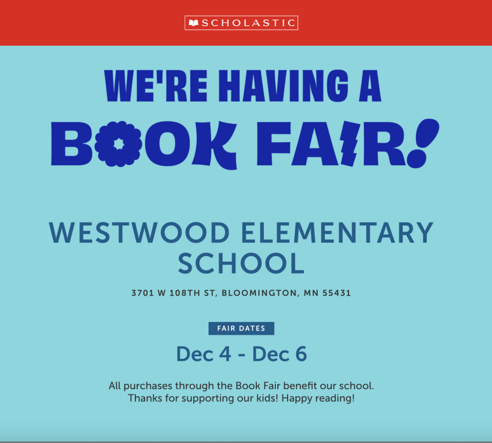 blue background, red banner that says We're Having a Book Fair at Westwood Elementary